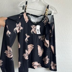NEW pink black floral blouse long sleeve top shoulder women’s‎ plus size XXL